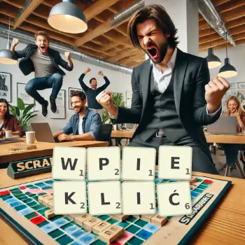 Kreatywna ilustracja do gry w Scrabble ze słowem WPIEKLIĆ ułożonym z płytek na planszy.