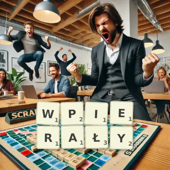 Kreatywna ilustracja do gry w Scrabble ze słowem WPIERAŁY ułożonym z płytek na planszy.