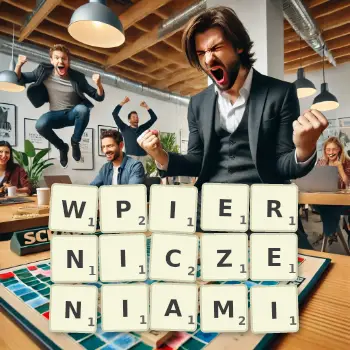 Kreatywna ilustracja do gry w Scrabble ze słowem WPIERNICZENIAMI ułożonym z płytek na planszy.