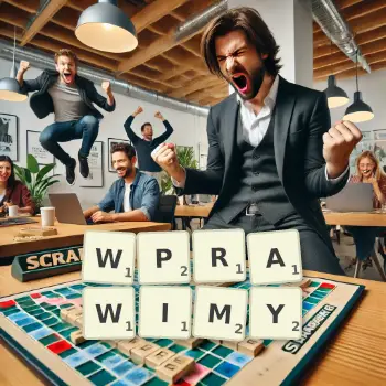 Kreatywna ilustracja do gry w Scrabble ze słowem WPRAWIMY ułożonym z płytek na planszy.