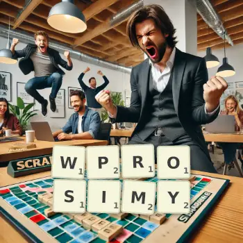 Kreatywna ilustracja do gry w Scrabble ze słowem WPROSIMY ułożonym z płytek na planszy.