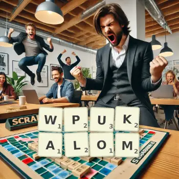 Kreatywna ilustracja do gry w Scrabble ze słowem WPUKALOM ułożonym z płytek na planszy.