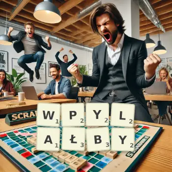 Kreatywna ilustracja do gry w Scrabble ze słowem WPYLAŁBY ułożonym z płytek na planszy.