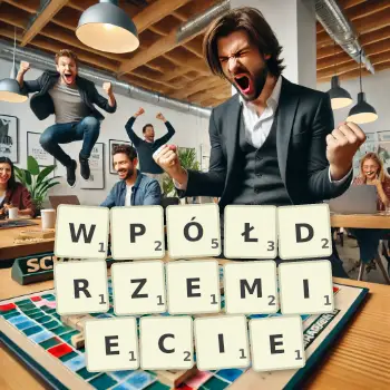 Kreatywna ilustracja do gry w Scrabble ze słowem WPÓŁDRZEMIECIE ułożonym z płytek na planszy.