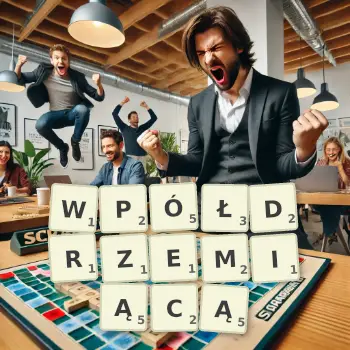 Kreatywna ilustracja do gry w Scrabble ze słowem WPÓŁDRZEMIĄCĄ ułożonym z płytek na planszy.