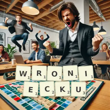 Kreatywna ilustracja do gry w Scrabble ze słowem WRONIECKU ułożonym z płytek na planszy.