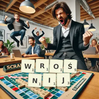 Kreatywna ilustracja do gry w Scrabble ze słowem WROŚNIJ ułożonym z płytek na planszy.