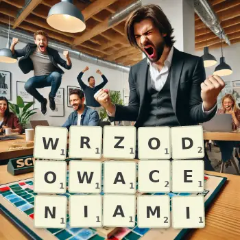 Kreatywna ilustracja do gry w Scrabble ze słowem WRZODOWACENIAMI ułożonym z płytek na planszy.
