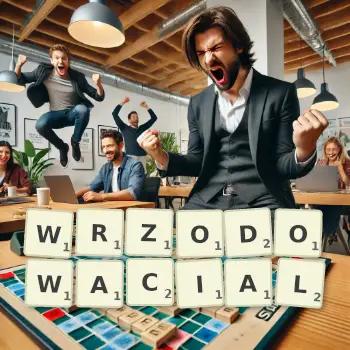 Kreatywna ilustracja do gry w Scrabble ze słowem WRZODOWACIAL ułożonym z płytek na planszy.