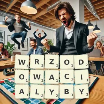 Kreatywna ilustracja do gry w Scrabble ze słowem WRZODOWACIALYBY ułożonym z płytek na planszy.