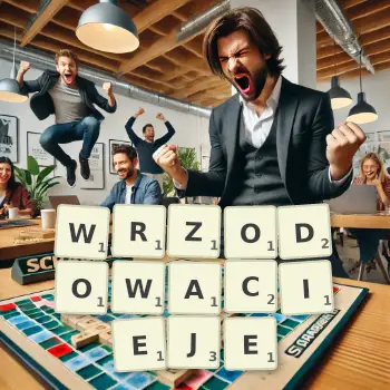 Kreatywna ilustracja do gry w Scrabble ze słowem WRZODOWACIEJE ułożonym z płytek na planszy.