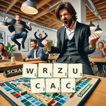 Kreatywna ilustracja do gry w Scrabble ze słowem WRZUCAĆ ułożonym z płytek na planszy.