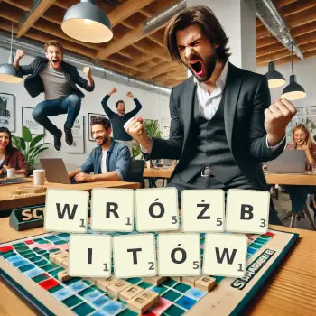 Kreatywna ilustracja do gry w Scrabble ze słowem WRÓŻBITÓW ułożonym z płytek na planszy.