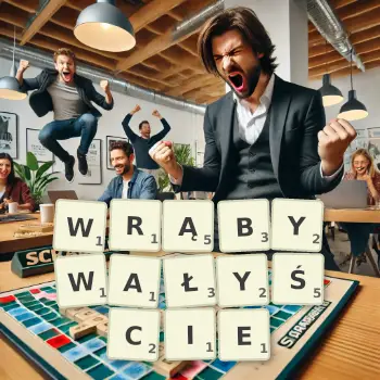 Kreatywna ilustracja do gry w Scrabble ze słowem WRĄBYWAŁYŚCIE ułożonym z płytek na planszy.