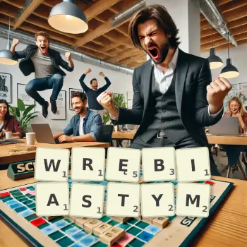 Kreatywna ilustracja do gry w Scrabble ze słowem WRĘBIASTYM ułożonym z płytek na planszy.