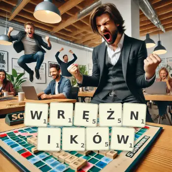 Kreatywna ilustracja do gry w Scrabble ze słowem WRĘŻNIKÓW ułożonym z płytek na planszy.