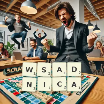 Kreatywna ilustracja do gry w Scrabble ze słowem WSADNICA ułożonym z płytek na planszy.