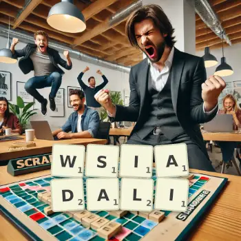 Kreatywna ilustracja do gry w Scrabble ze słowem WSIADALI ułożonym z płytek na planszy.
