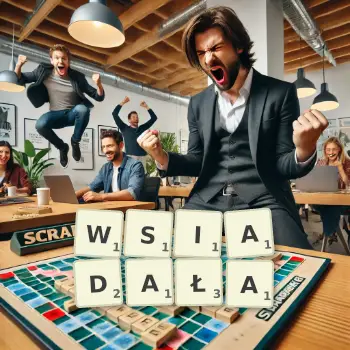 Kreatywna ilustracja do gry w Scrabble ze słowem WSIADAŁA ułożonym z płytek na planszy.
