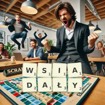 Kreatywna ilustracja do gry w Scrabble ze słowem WSIADAŁY ułożonym z płytek na planszy.