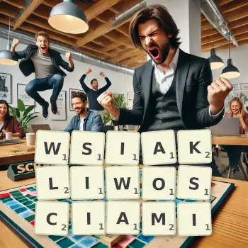 Kreatywna ilustracja do gry w Scrabble ze słowem WSIAKLIWOSCIAMI ułożonym z płytek na planszy.