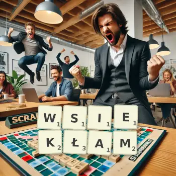 Kreatywna ilustracja do gry w Scrabble ze słowem WSIEKŁAM ułożonym z płytek na planszy.