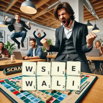 Kreatywna ilustracja do gry w Scrabble ze słowem WSIEWALI ułożonym z płytek na planszy.