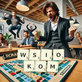 Kreatywna ilustracja do gry w Scrabble ze słowem WSIOKOM ułożonym z płytek na planszy.