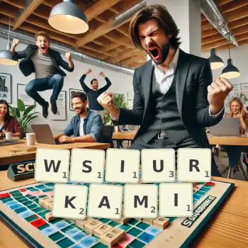 Kreatywna ilustracja do gry w Scrabble ze słowem WSIURKAMI ułożonym z płytek na planszy.