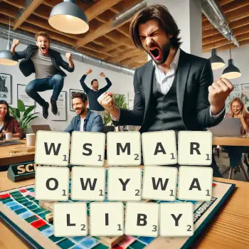 Kreatywna ilustracja do gry w Scrabble ze słowem WSMAROWYWALIBY ułożonym z płytek na planszy.