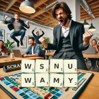 Kreatywna ilustracja do gry w Scrabble ze słowem WSNUWAMY ułożonym z płytek na planszy.