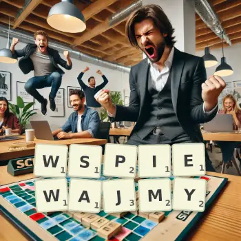 Kreatywna ilustracja do gry w Scrabble ze słowem WSPIEWAJMY ułożonym z płytek na planszy.