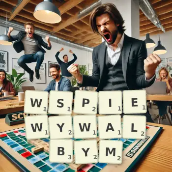 Kreatywna ilustracja do gry w Scrabble ze słowem WSPIEWYWALBYM ułożonym z płytek na planszy.