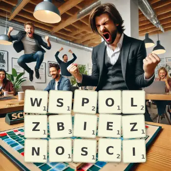 Kreatywna ilustracja do gry w Scrabble ze słowem WSPOLZBIEZNOSCI ułożonym z płytek na planszy.