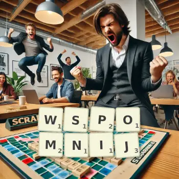 Kreatywna ilustracja do gry w Scrabble ze słowem WSPOMNIJ ułożonym z płytek na planszy.
