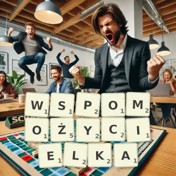 Kreatywna ilustracja do gry w Scrabble ze słowem WSPOMOŻYCIELKA ułożonym z płytek na planszy.