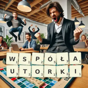 Kreatywna ilustracja do gry w Scrabble ze słowem WSPÓŁAUTORKI ułożonym z płytek na planszy.