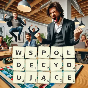 Kreatywna ilustracja do gry w Scrabble ze słowem WSPÓŁDECYDUJĄCE ułożonym z płytek na planszy.