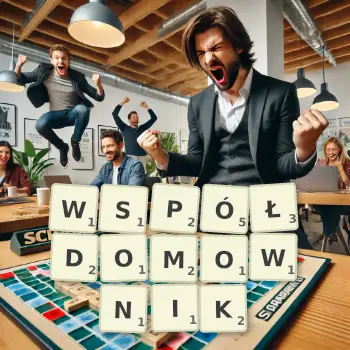 Kreatywna ilustracja do gry w Scrabble ze słowem WSPÓŁDOMOWNIK ułożonym z płytek na planszy.