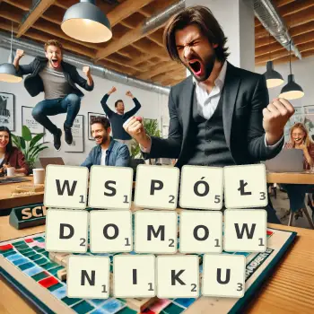 Kreatywna ilustracja do gry w Scrabble ze słowem WSPÓŁDOMOWNIKU ułożonym z płytek na planszy.
