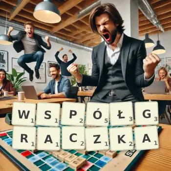 Kreatywna ilustracja do gry w Scrabble ze słowem WSPÓŁGRACZKA ułożonym z płytek na planszy.