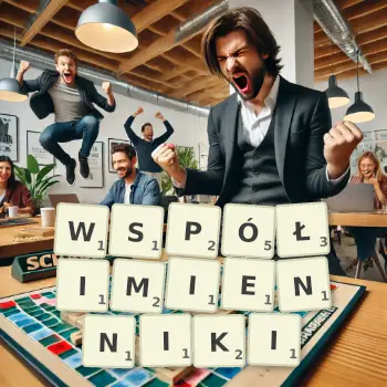 Kreatywna ilustracja do gry w Scrabble ze słowem WSPÓŁIMIENNIKI ułożonym z płytek na planszy.