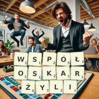 Kreatywna ilustracja do gry w Scrabble ze słowem WSPÓŁOSKARŻYLI ułożonym z płytek na planszy.