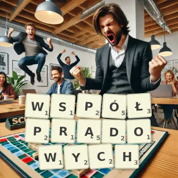 Kreatywna ilustracja do gry w Scrabble ze słowem WSPÓŁPRĄDOWYCH ułożonym z płytek na planszy.