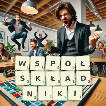 Kreatywna ilustracja do gry w Scrabble ze słowem WSPÓŁSKŁADNIKI ułożonym z płytek na planszy.