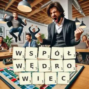 Kreatywna ilustracja do gry w Scrabble ze słowem WSPÓŁWĘDROWIEC ułożonym z płytek na planszy.