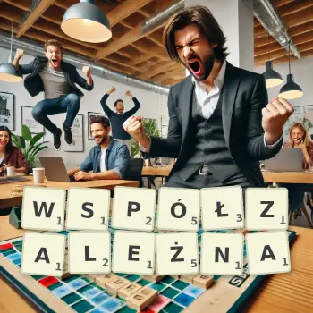 Kreatywna ilustracja do gry w Scrabble ze słowem WSPÓŁZALEŻNA ułożonym z płytek na planszy.