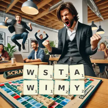 Kreatywna ilustracja do gry w Scrabble ze słowem WSTAWIMY ułożonym z płytek na planszy.