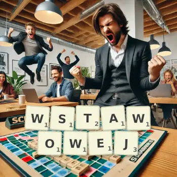 Kreatywna ilustracja do gry w Scrabble ze słowem WSTAWOWEJ ułożonym z płytek na planszy.