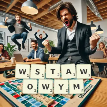 Kreatywna ilustracja do gry w Scrabble ze słowem WSTAWOWYM ułożonym z płytek na planszy.